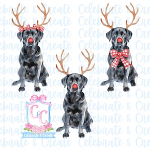 Set van 3 aquarel Rudolph Black Lab labrador retriever hond gewei & rode neus PNG clipart Grandmillennial doodles AI Drew kerstjacht