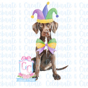 May include: Watercolor illustration of a brown dog wearing a jester hat and a bow tie. The hat is purple, green, and yellow. The bow tie is green, yellow, and purple. The dog is sitting with a logo that says "Celebrate & Create".