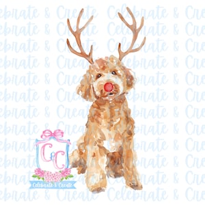 May include: A watercolor painting of a light brown dog wearing a red Rudolph nose and reindeer antlers. The dog is sitting and looking to the right. The background is a light blue pattern with the text "Celebrate & Create" repeated.