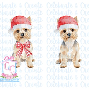 Conjunto de 2 chapéus de Papai Noel aquarela Yorkie Yorkshire Terrier chifres e nariz vermelho PNG clipart Grandmillennial Doodles AI Natal
