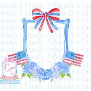 May include: A watercolor illustration of a blue and white shield with a red, white, and blue bow at the top. The shield is surrounded by blue hydrangeas and two American flags. The text "Celebrate & Create" is written at the bottom of the image.
