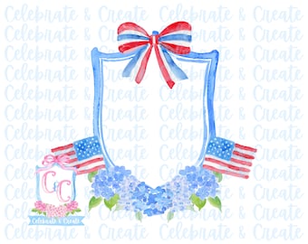 Watercolor Patriotic Crest Hydrangeas Flags PNG Clipart Stationery Grandmillennial Coquette Preppy America USA Election Labor Independence