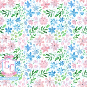 May include: Watercolor floral pattern featuring pink and blue flowers, green leaves, and small green accents on a white background. The design includes various flower sizes and shapes, creating a whimsical and artistic look. The text "Celebrate & Create" is visible.