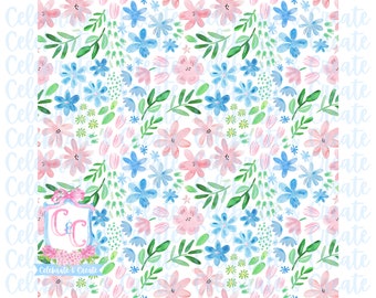Watercolor SEAMLESS PATTERN Pink and Blue Florals PNG Clipart Stationery Grandmillennial Coquette Preppy Floral Flowers Spring Background