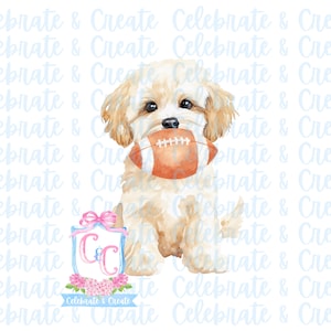 May include: Watercolor illustration of a fluffy, light brown dog holding an orange and white football in its mouth. The dog is sitting with a light blue and pink logo that says "Celebrate & Create".