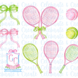 Aquarell rosa Tennisschläger Ball Bogen 3er Set PNG Clipart Briefpapier Grandmillennial Kokette Preppy Schläger Country Club Pickle Ball