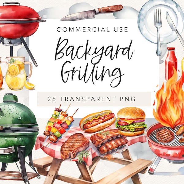 Watercolor Backyard Grilling BBQ PNG Clip Art Clipart Party Invitation Announcement Wall Art Clipart Barbecue Grill Picnic Summer Burgers