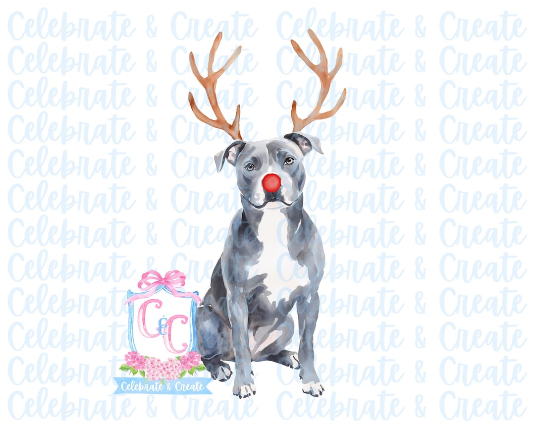 Watercolor Christmas Reindeer Blue Gray Pit Bull Pitbull Dog Bow ...