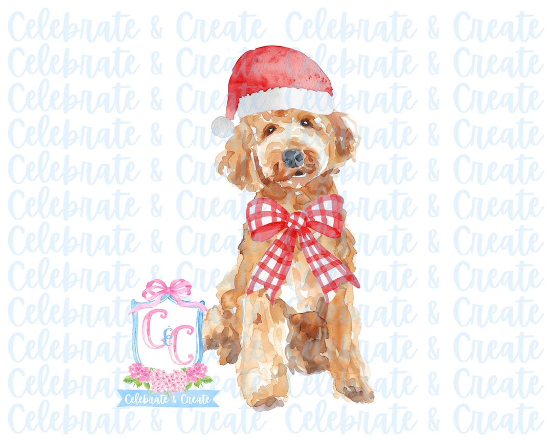 Watercolor Santa Hat Golden Doodle Labradoodle Dog Red Gingham Bow PNG ...