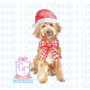 Acuarela Gorro de Papá Noel Doodle dorado Perro Labradoodle Lazo de cuadros rojos PNG Clipart Grandmillennial Doodles AI Drew Navidad Goldendoodle