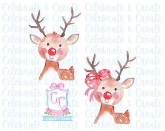 Watercolor Boy & Girl Reindeer Set of 2 PNG Clipart Stationery Grandmillennial Coquette Preppy Christmas Gift Rudolph the Red Nosed Reindeer
