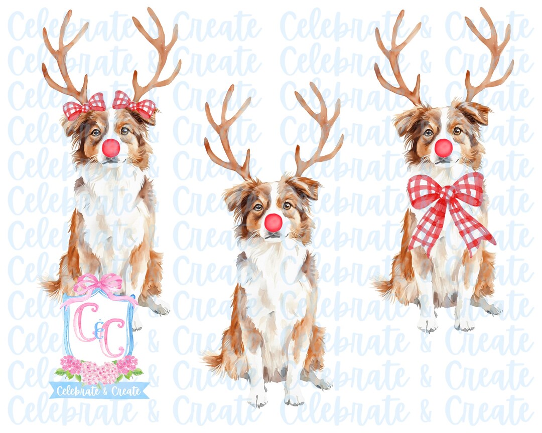 Set of 3 Watercolor Rudolph Red Australian Shepherd Aussie Dog Puppy ...
