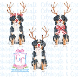 3er Set Aquarell Rudolph Berner Sennenhund Geweih & rote Nase PNG Clipart Grandmillennial Doodles AI Zeichnete Weihnachten Rentier