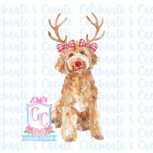 Aquarel Rudolph Golden Doodle Labradoodle Dog Gewei & Rode Neus PNG Clipart Grandmillennial Doodles AI Drew Christmas Goldendoodle Max