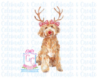 Watercolor Santa Hat Golden Doodle Labradoodle Dog Red Gingham Bow PNG ...