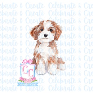 Op de afbeelding: Waterverf schilderij van een bruin-witte puppy die zit met een roze strik en een gemonogrammeerd "C&C" wapen met roze bloemen. De tekst "Celebrate & Create" staat onder het wapen.