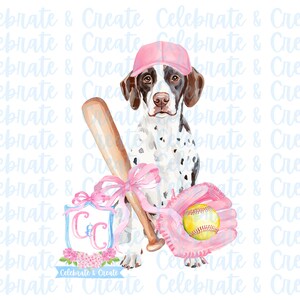 May include: A watercolor illustration of a dog wearing a pink baseball cap and holding a baseball bat and a pink glove with a baseball. The dog is a pointer breed with black and white spots. The background is a light blue and white pattern with the text "Celebrate & Create" repeated.