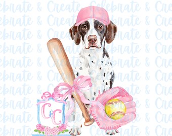 German Shorthaired Pointer GSP Watercolor PNG Clipart Clip Art Pink Softball Soft Ball Dog Dogs Puppy Bow Sports Swing Batter Ballpark Bat