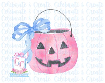 Watercolor Pink Pumpkin Candy Bucket Bow PNG Clipart Clip Stationery Grandmillennial Coquette Preppy Halloween Fall Autumn Jack-O-Lantern
