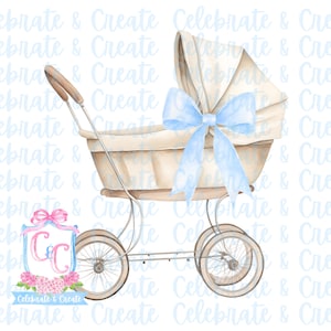 May include: A white baby carriage with a blue bow on top. The carriage has a white wicker basket and two large wheels. The carriage is on a white background with the text "Celebrate & Create" repeated.