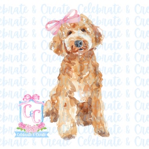 Aquarela Doodle Dourado Goldendoodle Labradoodle Cachorro com Laço Rosa PNG Clipart Papelaria Grandmillennial Coquette Preppy Girly Puppy