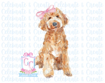 Watercolor Golden Doodle Goldendoodle Labradoodle Dog with Pink Bow PNG Clipart Stationery Grandmillennial Coquette Preppy Girly Puppy