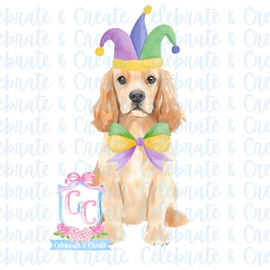 Op de afbeelding: Waterverfillustratie van een gouden Cocker Spaniel met een narrenhoed en een vlinderdas in Mardi Gras-kleuren. Een roze lint en een wapenschild met de tekst "Celebrate & Create" zijn ook in de afbeelding te zien.