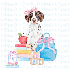 May include: Watercolor illustration featuring a dog with a pink bow, surrounded by school-themed elements. Includes a red apple, stacked books, a blue backpack with a pink bow, and alphabet blocks. The image has the text "Celebrate & Create".