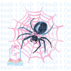 May include: A watercolor illustration of a black spider with a pink bow on its head, sitting on a pink and white spider web. The spider web is surrounded by a white background with the text "Celebrate & Create" repeated in blue.