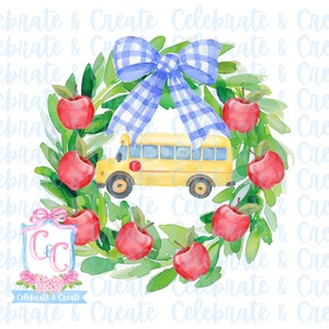 Escola aquarela guirlanda maçãs ônibus PNG clipart papelaria grandmillennial coquete preppy volta às aulas presente tag professor aluno outono