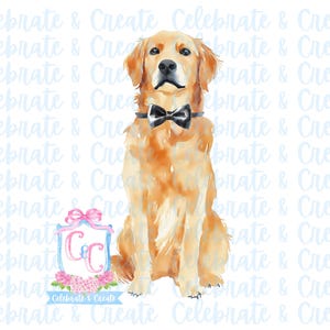 Acquerello Golden Retriever cane rosso nero papillon PNG Clipart Grandmillennial Doodles AI Drew etichetta regalo fantasia cravatta nera cancelleria di nozze