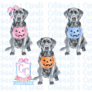May include: Three watercolor illustrations of black Labrador Retrievers wearing Halloween costumes. Each dog is holding a bucket with a jack-o-lantern face. The buckets are pink, blue, and orange. The text "Celebrate & Create" is at the bottom of the image.