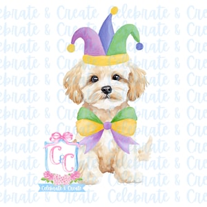 May include: A watercolour illustration of a small dog wearing a jester's hat and a bow tie. The hat is purple, green, and yellow, and the bow tie is green, yellow, and purple. The image includes a logo with the text "Celebrate & Create".