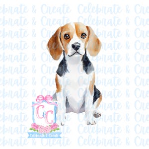 May include: Watercolor painting of a beagle dog sitting with a pink and blue monogrammed gift box with flowers. The text "Celebrate & Create" is below the box.