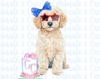 Goldendoodle Golden Doodle Labradoodle Cavapoo Cockapoo Maltipoo Watercolor Dog Patriotic Memorial Day Fourth of July 4th Labor Preppy