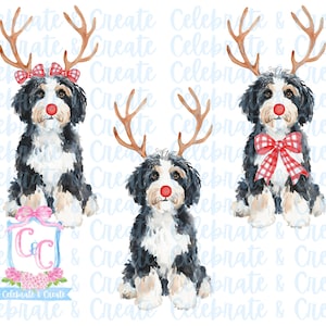 Set van 3 aquarel Rudolph Bernedoodle Berner Doodle Goldendoodle Gewei & Rode Neus PNG Clipart Grandmillennial Doodles AI Drew Christmas