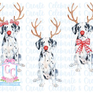 Set van 3 aquarel Rudolph Great Dane Merle hond puppy gewei & rode neus PNG clipart Grandmillennial Doodles AI Christmas