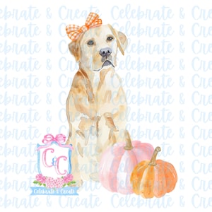 May include: Watercolor illustration of a golden retriever dog wearing a pink and orange bow, sitting next to two pumpkins. One pumpkin is pink and the other is orange. The background is a light blue pattern with the text "Celebrate & Create" repeated.