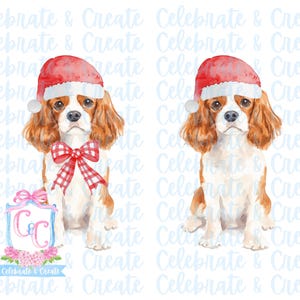 Set van 2 aquarel kerstmuts Cavalier King Charles Spaniel hond puppy gewei & rode neus PNG clipart Grandmillennial doodles AI kerst