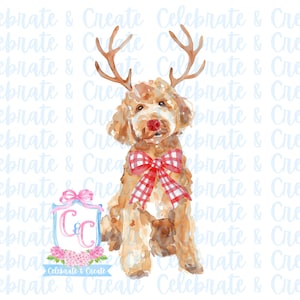 Aquarel Rudolph Golden Doodle Labradoodle Dog Gewei & Rode Neus PNG Clipart Grandmillennial Doodles AI Drew Christmas Goldendoodle Max