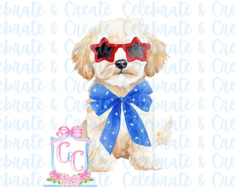 Goldendoodle Golden Doodle Labradoodle Cockapoo Cavapoo Maltipoo Maltese Watercolor Dog Clipart PNG Memorial Day Fourth July 4th Labor