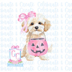 May include: A watercolor illustration of a small, fluffy, white dog wearing a pink bow. The dog is holding a pink pumpkin-shaped bucket. The background is a light blue with the text "Celebrate & Create" repeated.