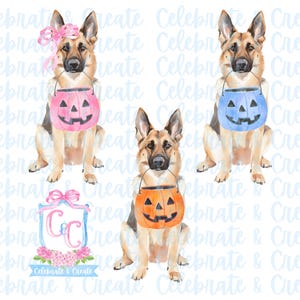 May include: Watercolor illustration featuring three German Shepherds holding Halloween pumpkin buckets. One dog wears a pink bow and carries a pink pumpkin. Another holds a blue pumpkin, and the third carries an orange pumpkin. The image includes the text "Celebrate & Create".