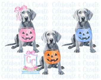 Watercolor Set of 3 Halloween Weimaraner Dog Puppy Pumpkin Candy Bucket PNG Clipart Grandmillennial Preppy Doodles AI Drew