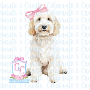 Doodle doré aquarelle chien Labradoodle Golden avec noeud rose PNG Clipart papeterie Coquette grand-millénaire BCBG girly chiot