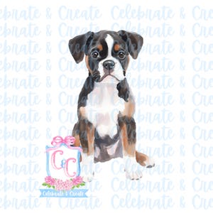 May include: A watercolor painting of a brown and white puppy sitting with a blue and pink monogrammed shield with the letters "C&C" and pink flowers. The text "Celebrate & Create" is below the shield.