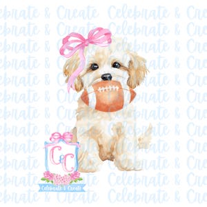 May include: Watercolor illustration of a fluffy, light brown dog with a pink bow, holding an orange and white football in its mouth. A pink and blue crest with the text "Celebrate & Create" is at the bottom.