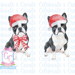 Set van 2 aquarel kerstmuts Boston Terrier hond puppy gewei & rode neus PNG clipart Grandmillennial doodles AI Drew Christmas
