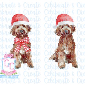 Set van 2 aquarel kerstmuts chocolade gouden doodle Goldendoodle gewei en rode neus PNG clipart Grandmillennial Doodles AI Drew Christmas