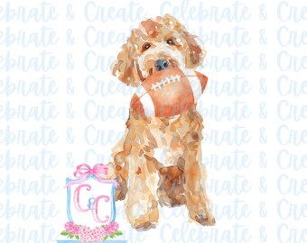 Goldendoodle Golden Doodle Labradoodle Watercolor Football Dog PNG Clipart Stationery Grandmillennial Coquette Preppy Puppy Sports Team